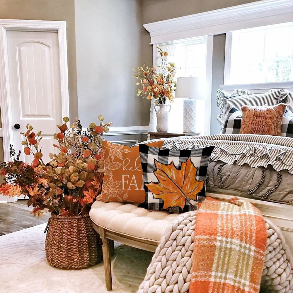 Charming Buffalo Plaid Pumpkin & Maple Leaves Fall Pillows - Perfect for Your Farmhouse Thanksgiving Decor!