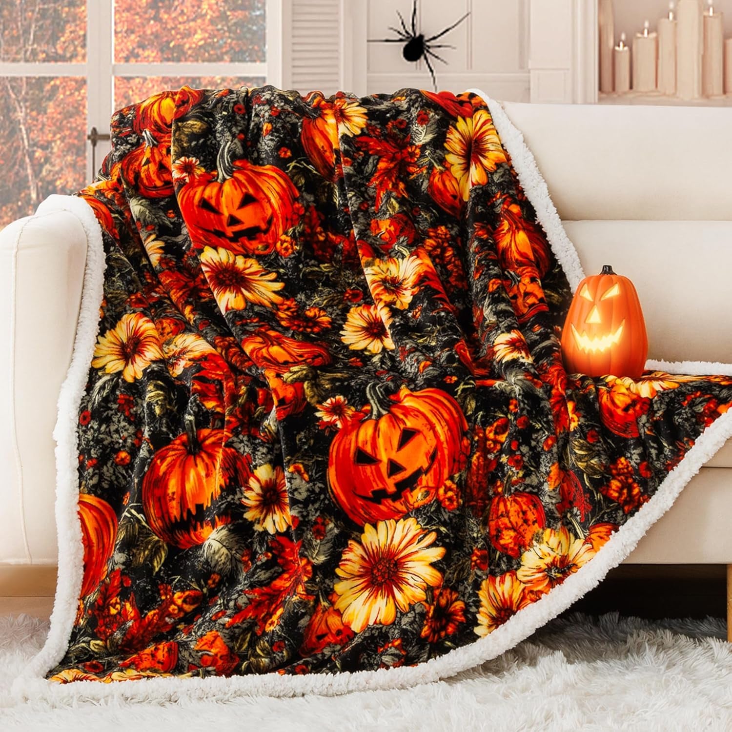 Cozy Halloween Sherpa Throw Blanket - Perfect for Fall Decor with Pumpkin and Leaf Design