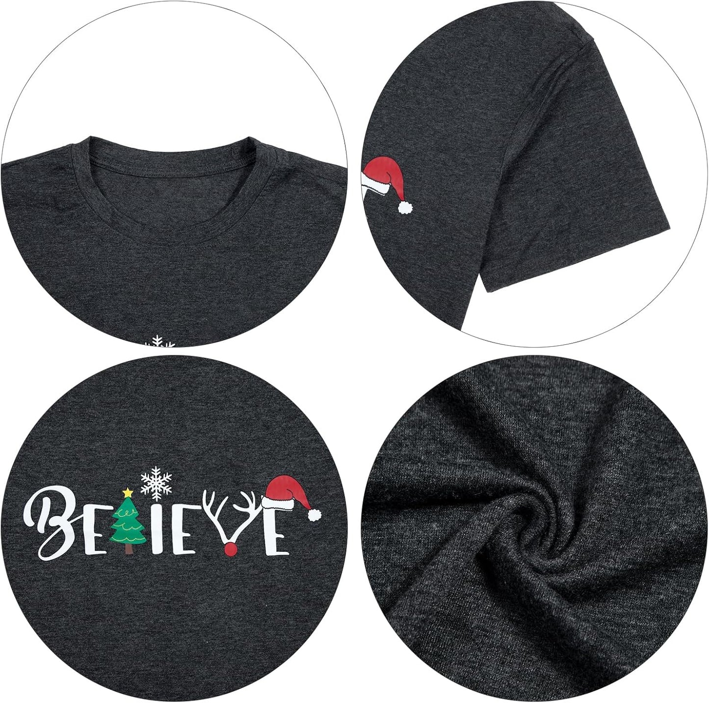 Christmas Shirt for Women Believe Letter Print T Shirts Asual Retro Holiday Short Sleeve Pullover Tops Xmas Gift