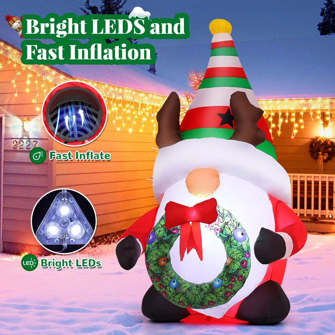 Delightful 5 FT Christmas Gnomes Inflatables with LED Lights – Perfect Outdoor Holiday Decor for Your Festive Celebrations