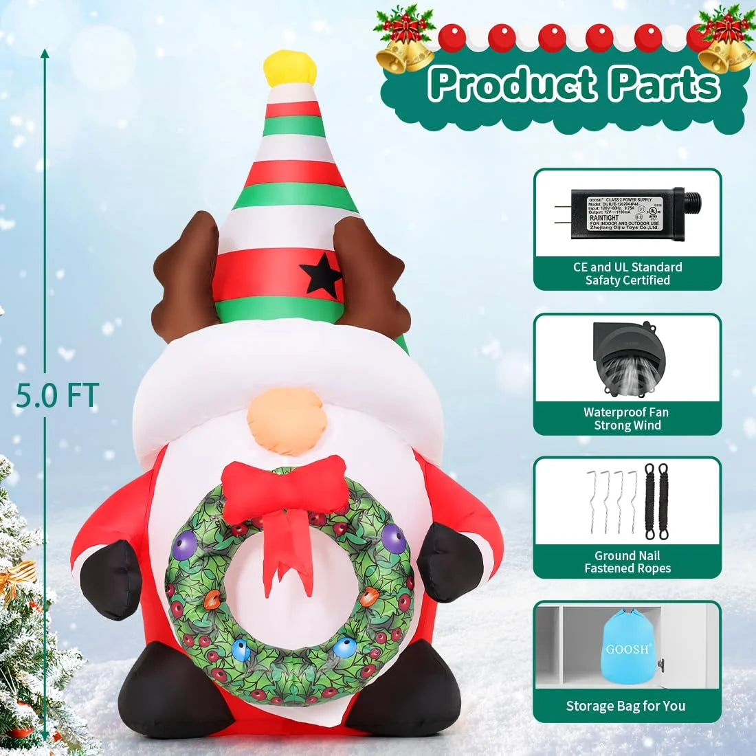 Delightful 5 FT Christmas Gnomes Inflatables with LED Lights – Perfect Outdoor Holiday Decor for Your Festive Celebrations