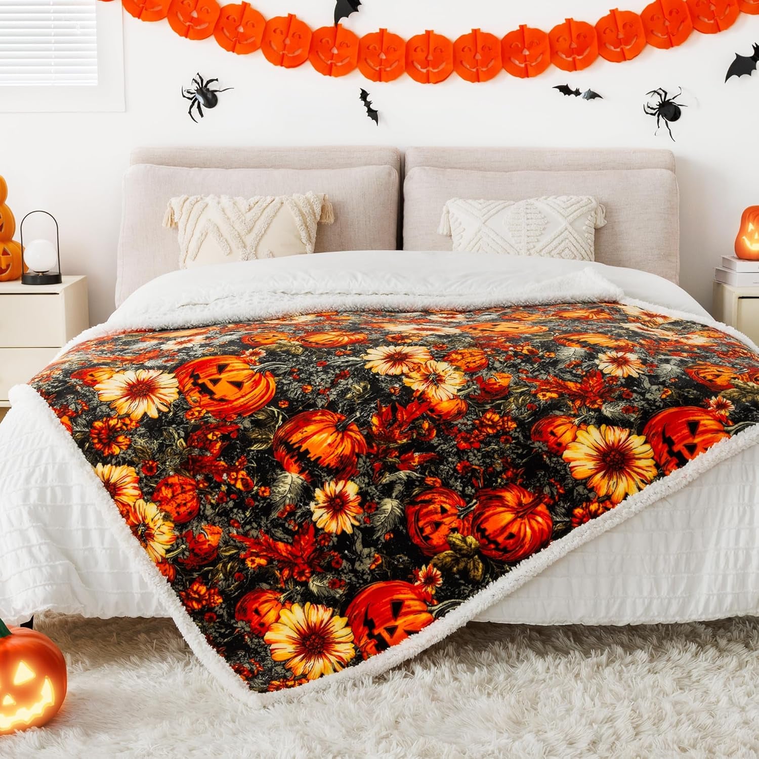 Cozy Halloween Sherpa Throw Blanket - Perfect for Fall Decor with Pumpkin and Leaf Design