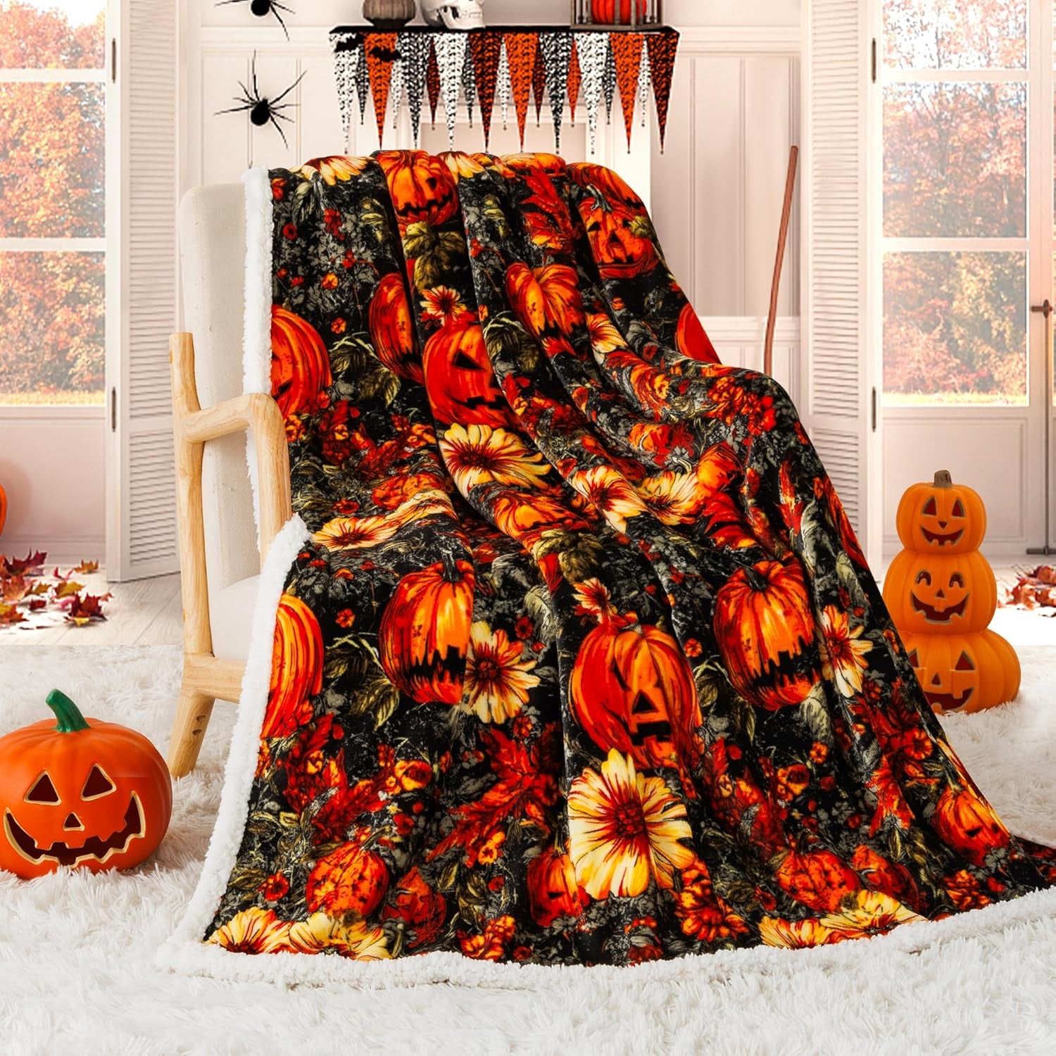 Cozy Halloween Sherpa Throw Blanket - Perfect for Fall Decor with Pumpkin and Leaf Design
