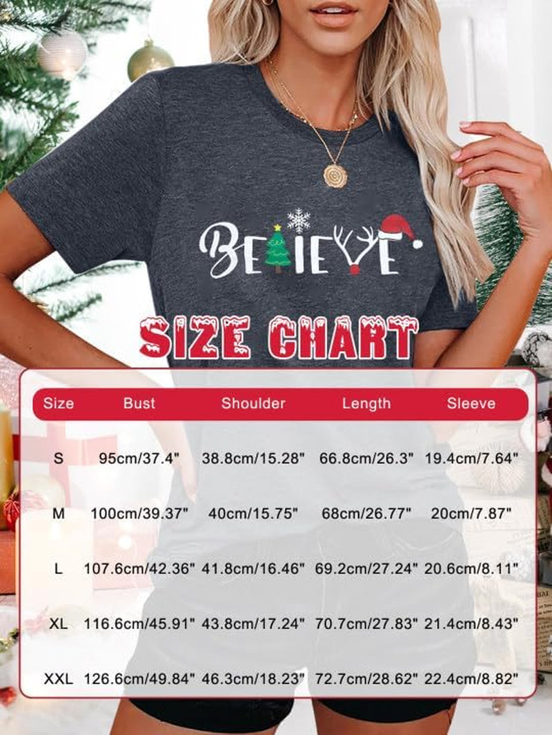 Christmas Shirt for Women Believe Letter Print T Shirts Asual Retro Holiday Short Sleeve Pullover Tops Xmas Gift