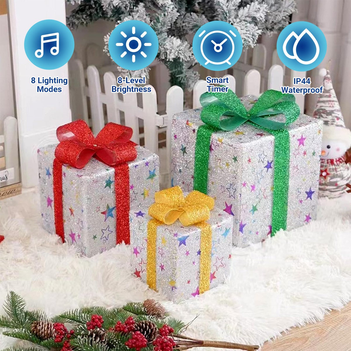 Set of 3 Enchanting Christmas Lighted Gift Boxes - Pre-Lit 48 LED Holiday Decor for Indoor and Outdoor Festivities