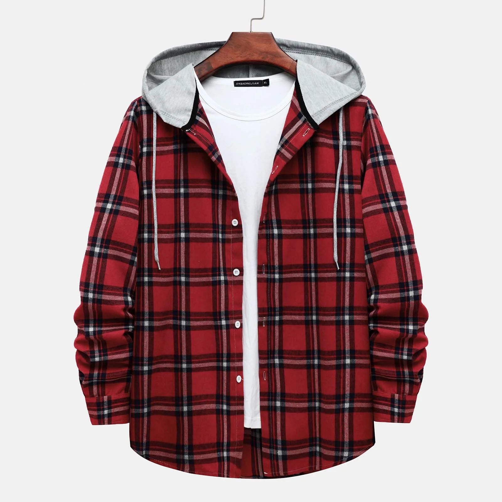 Stay Cozy and Stylish This Season with Our Men's Casual Plaid Flannel Jacket with Hood - Lightweight, Long Sleeve & Versatile in Red, Size XL