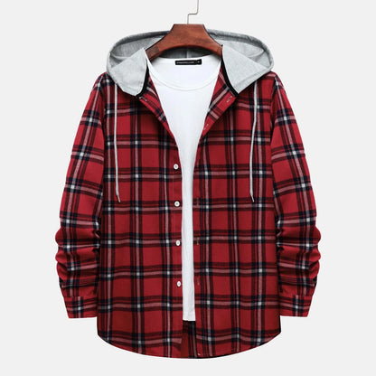 Stay Cozy and Stylish This Season with Our Men's Casual Plaid Flannel Jacket with Hood - Lightweight, Long Sleeve & Versatile in Red, Size XL
