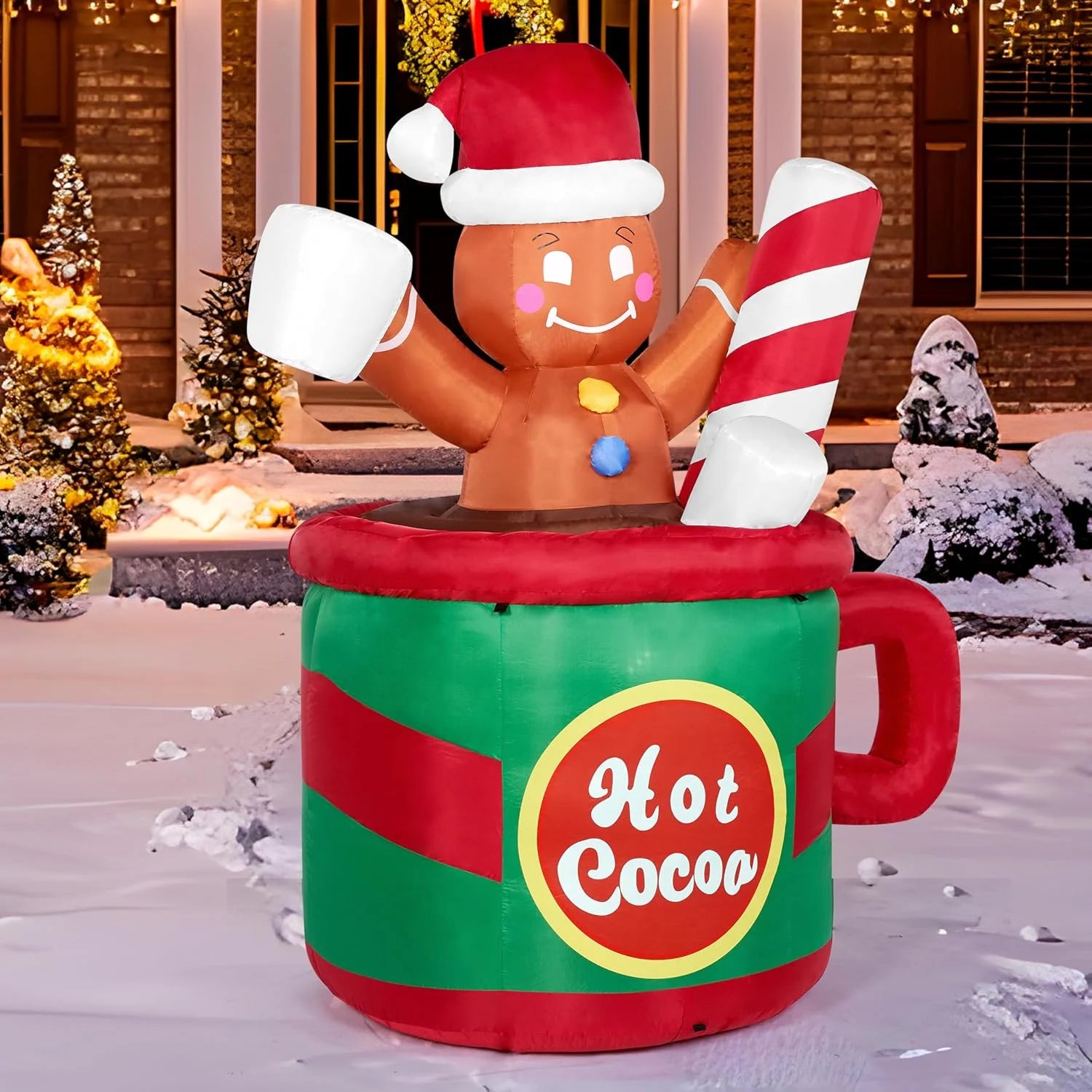 6 Ft Festive Gingerbread Man in a Hot Cocoa Mug - Illuminated Inflatable Christmas Decoration for Your Yard