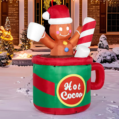 6 Ft Festive Gingerbread Man in a Hot Cocoa Mug - Illuminated Inflatable Christmas Decoration for Your Yard