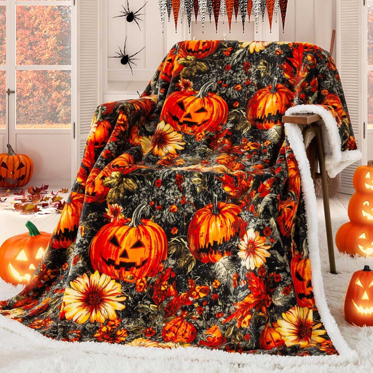Cozy Halloween Sherpa Throw Blanket - Perfect for Fall Decor with Pumpkin and Leaf Design