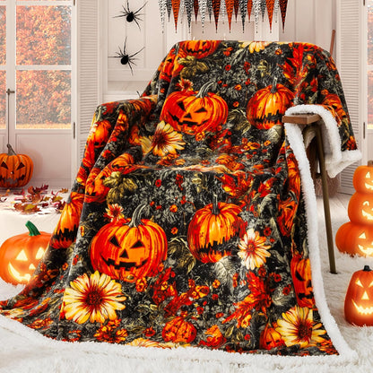 Cozy Halloween Sherpa Throw Blanket - Perfect for Fall Decor with Pumpkin and Leaf Design