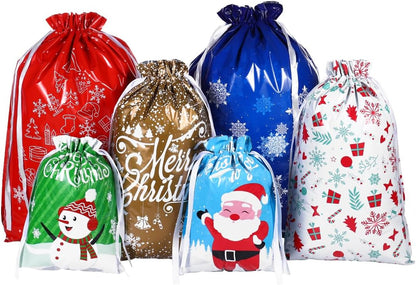 30PCS Assorted Christmas Drawstring Bags - Festive Foil Wrapping Sacks for Holiday Gifts and Party Favors