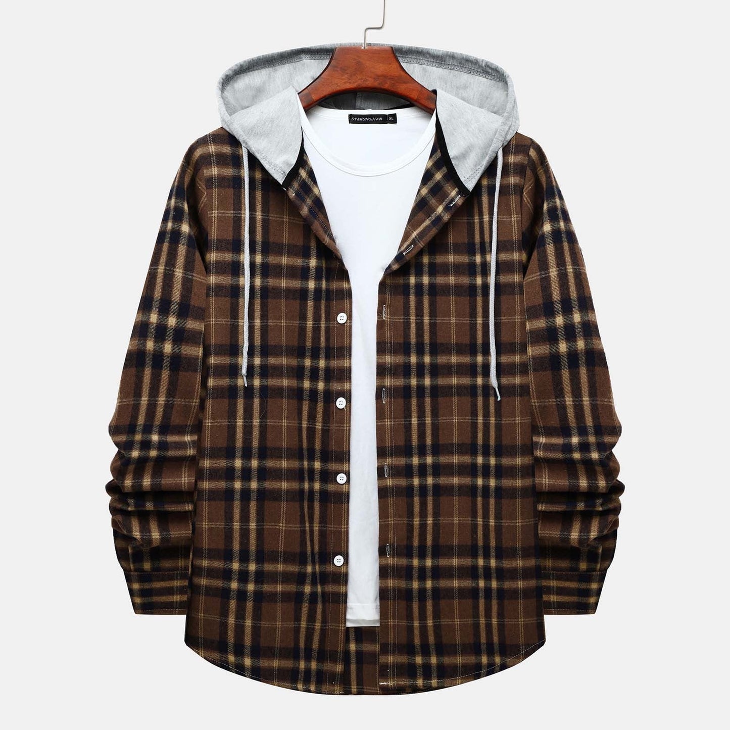 Stylish Men's Flannel Plaid Hooded Shirt - Lightweight Casual Long Sleeve Button Down in Coffee#02 - Perfect for Every Season!