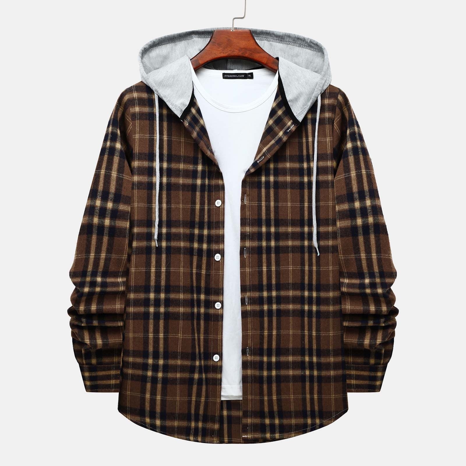 Stylish Men's Flannel Plaid Hooded Shirt - Lightweight Casual Long Sleeve Button Down in Coffee#02 - Perfect for Every Season!