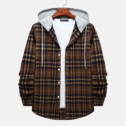 Stylish Men's Flannel Plaid Hooded Shirt - Lightweight Casual Long Sleeve Button Down in Coffee#02 - Perfect for Every Season!