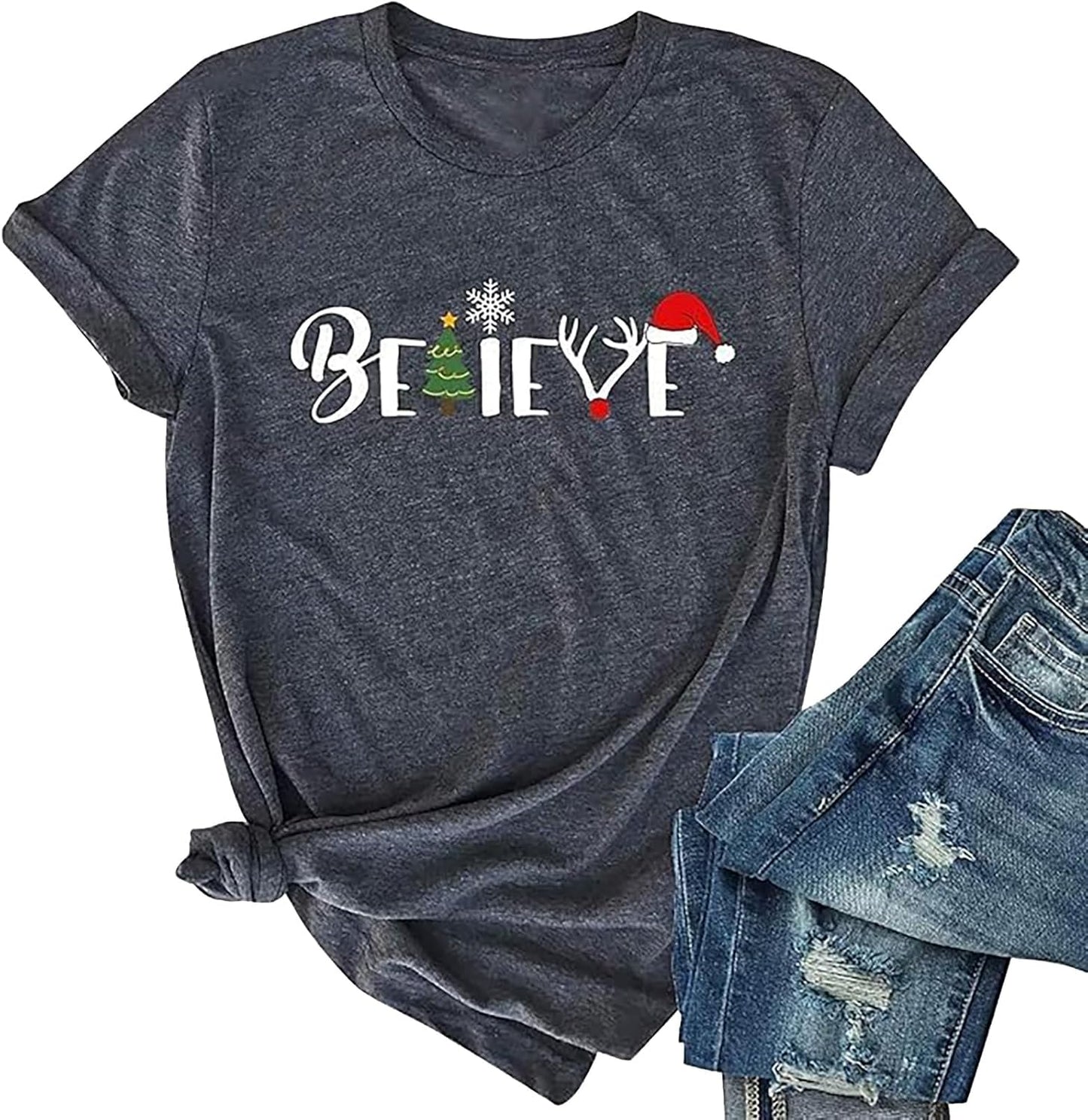 Christmas Shirt for Women Believe Letter Print T Shirts Asual Retro Holiday Short Sleeve Pullover Tops Xmas Gift