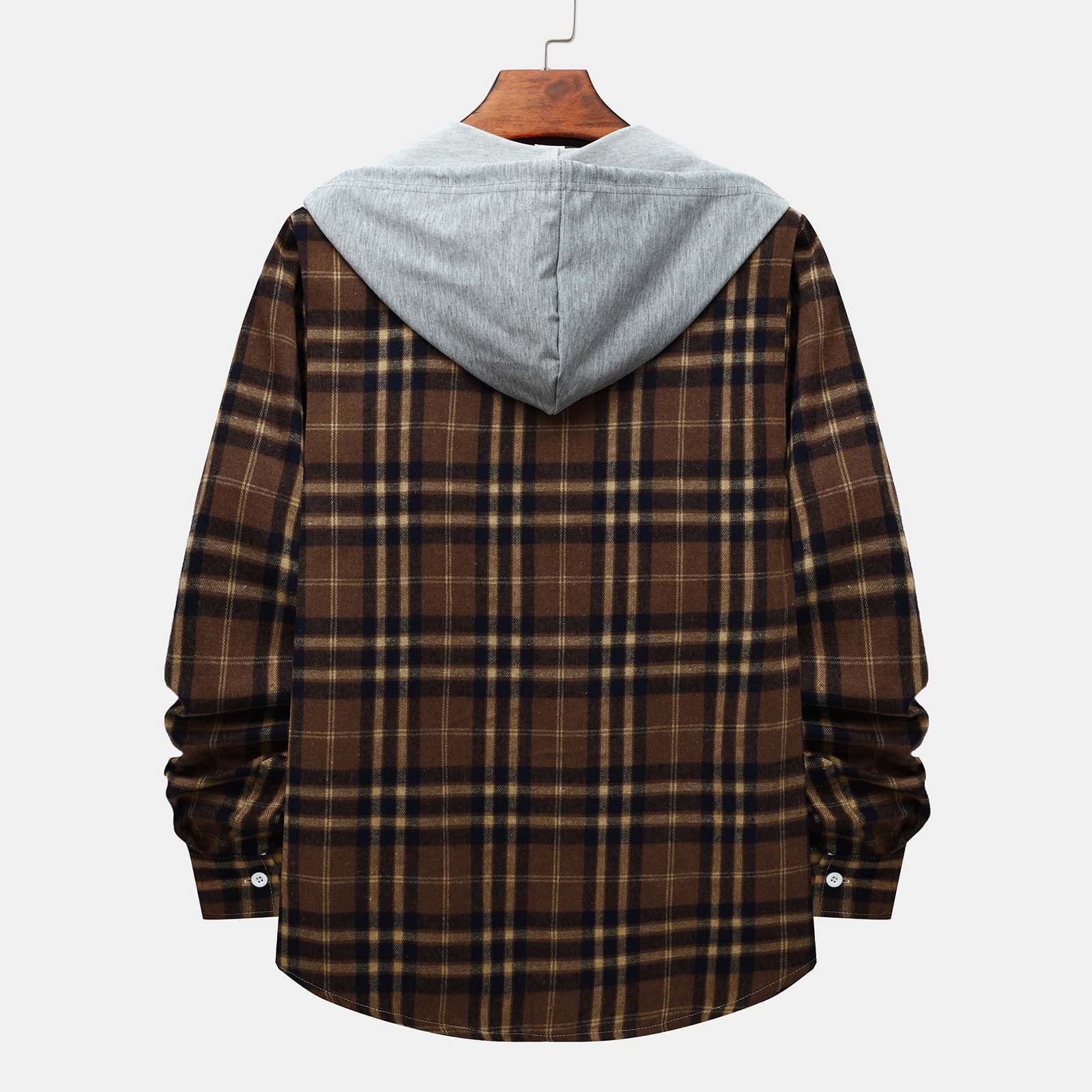 Stylish Men's Flannel Plaid Hooded Shirt - Lightweight Casual Long Sleeve Button Down in Coffee#02 - Perfect for Every Season!