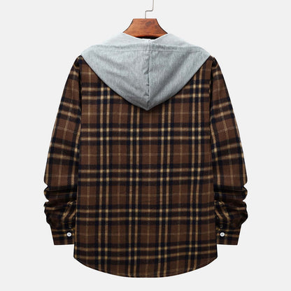 Stylish Men's Flannel Plaid Hooded Shirt - Lightweight Casual Long Sleeve Button Down in Coffee#02 - Perfect for Every Season!