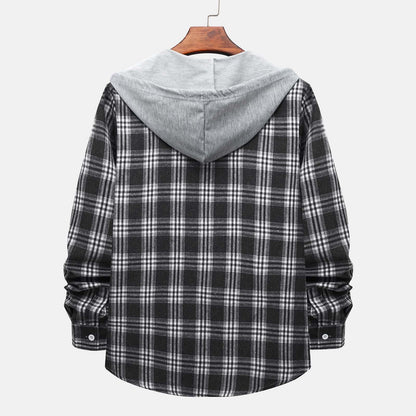 Stylish Men's Flannel Plaid Hooded Shirt - Casual Long Sleeve Button-Down Jacket in Gray#03 - Lightweight Comfort for Every Occasion - Size L