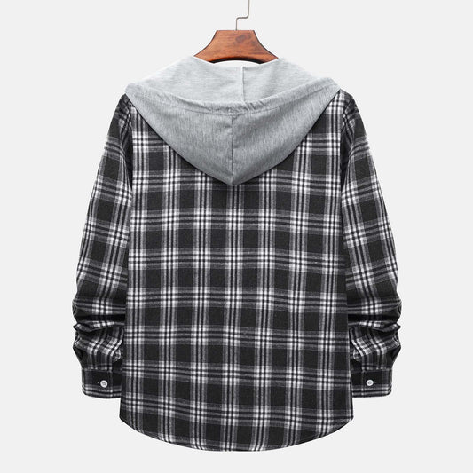 Stylish Men's Flannel Plaid Hooded Shirt - Casual Long Sleeve Button-Down Jacket in Gray#03 - Lightweight Comfort for Every Occasion - Size L
