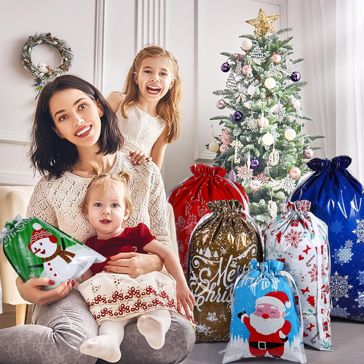 30PCS Assorted Christmas Drawstring Bags - Festive Foil Wrapping Sacks for Holiday Gifts and Party Favors