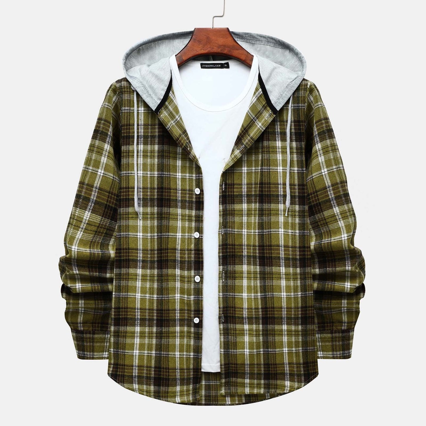 Men's Lightweight Hooded Flannel Plaid Shirt - Casual Long Sleeve Button Down in Stylish Green#01