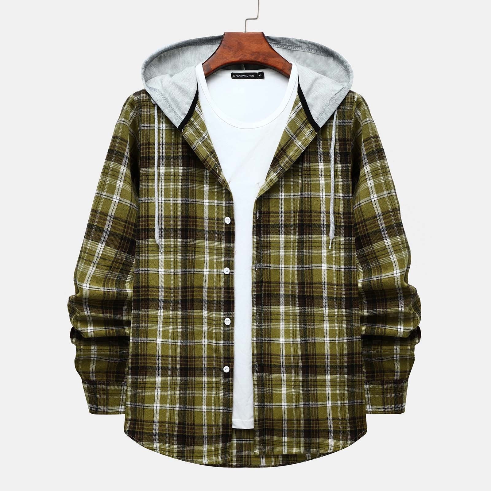 Men's Lightweight Hooded Flannel Plaid Shirt - Casual Long Sleeve Button Down in Stylish Green#01