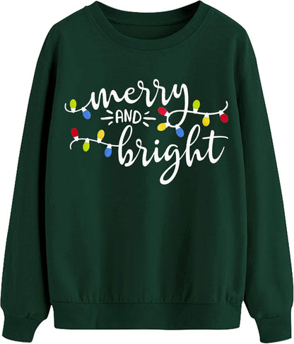 Christmas Sweatshirt Women Merry and Bright Christmas T-Shirt Funny Xmas Lights Blouse Tops Holiday Shirts
