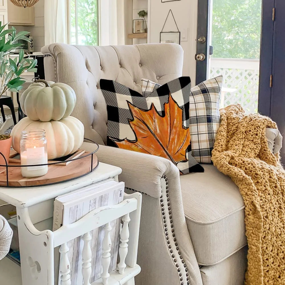 Charming Buffalo Plaid Pumpkin & Maple Leaves Fall Pillows - Perfect for Your Farmhouse Thanksgiving Decor!
