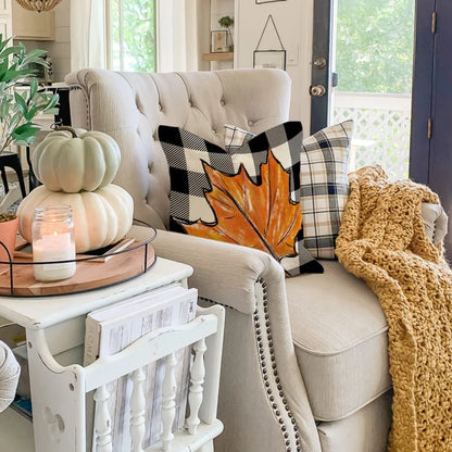 Charming Buffalo Plaid Pumpkin & Maple Leaves Fall Pillows - Perfect for Your Farmhouse Thanksgiving Decor!