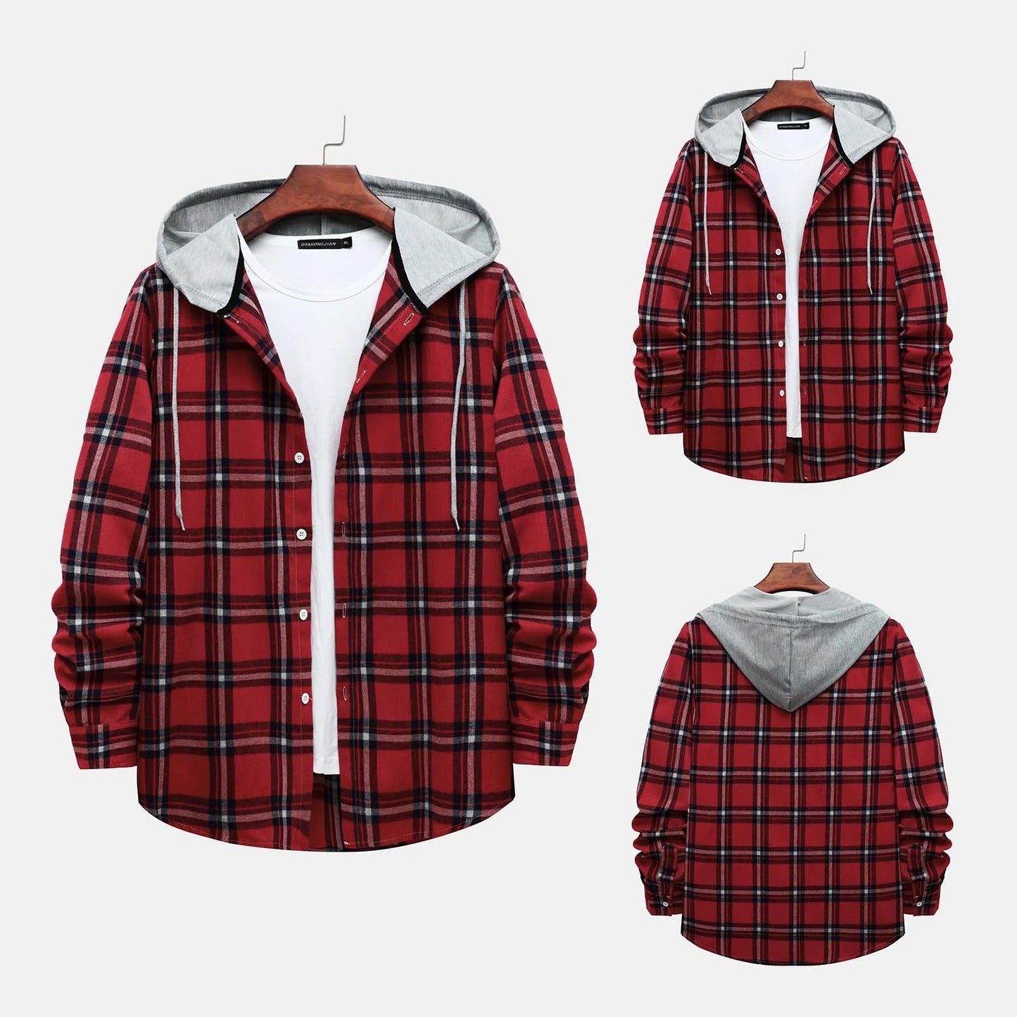 Stay Cozy and Stylish This Season with Our Men's Casual Plaid Flannel Jacket with Hood - Lightweight, Long Sleeve & Versatile in Red, Size XL