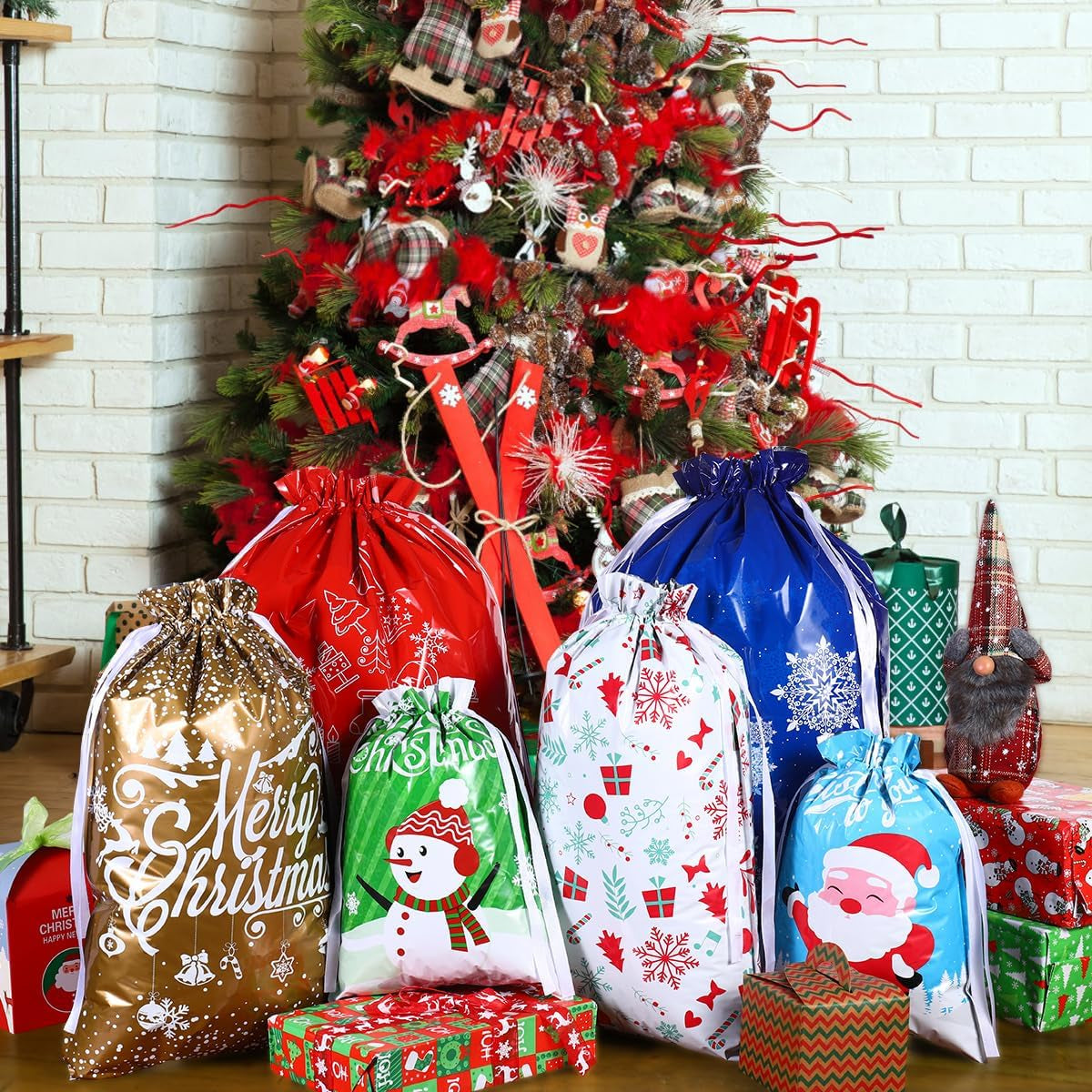 30PCS Assorted Christmas Drawstring Bags - Festive Foil Wrapping Sacks for Holiday Gifts and Party Favors