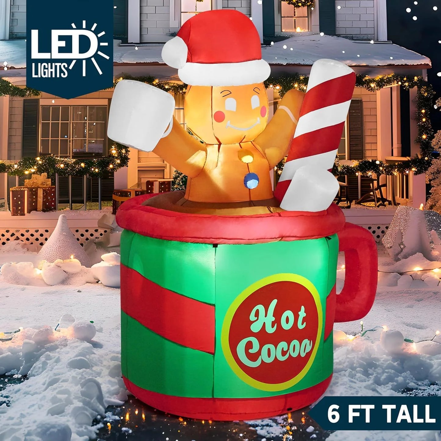 6 Ft Festive Gingerbread Man in a Hot Cocoa Mug - Illuminated Inflatable Christmas Decoration for Your Yard
