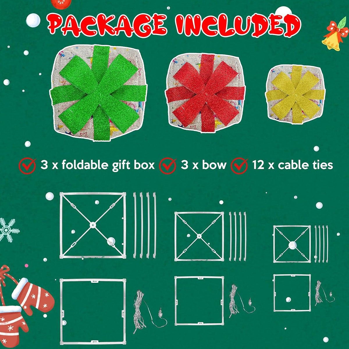 Set of 3 Enchanting Christmas Lighted Gift Boxes - Pre-Lit 48 LED Holiday Decor for Indoor and Outdoor Festivities