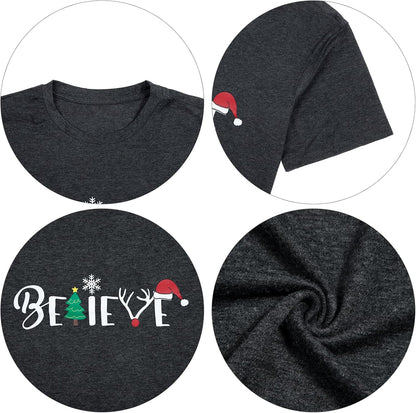 Christmas Shirt for Women Believe Letter Print T Shirts Asual Retro Holiday Short Sleeve Pullover Tops Xmas Gift