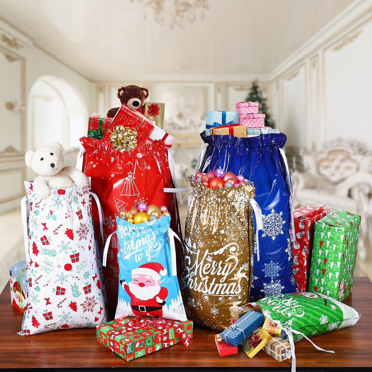 30PCS Assorted Christmas Drawstring Bags - Festive Foil Wrapping Sacks for Holiday Gifts and Party Favors
