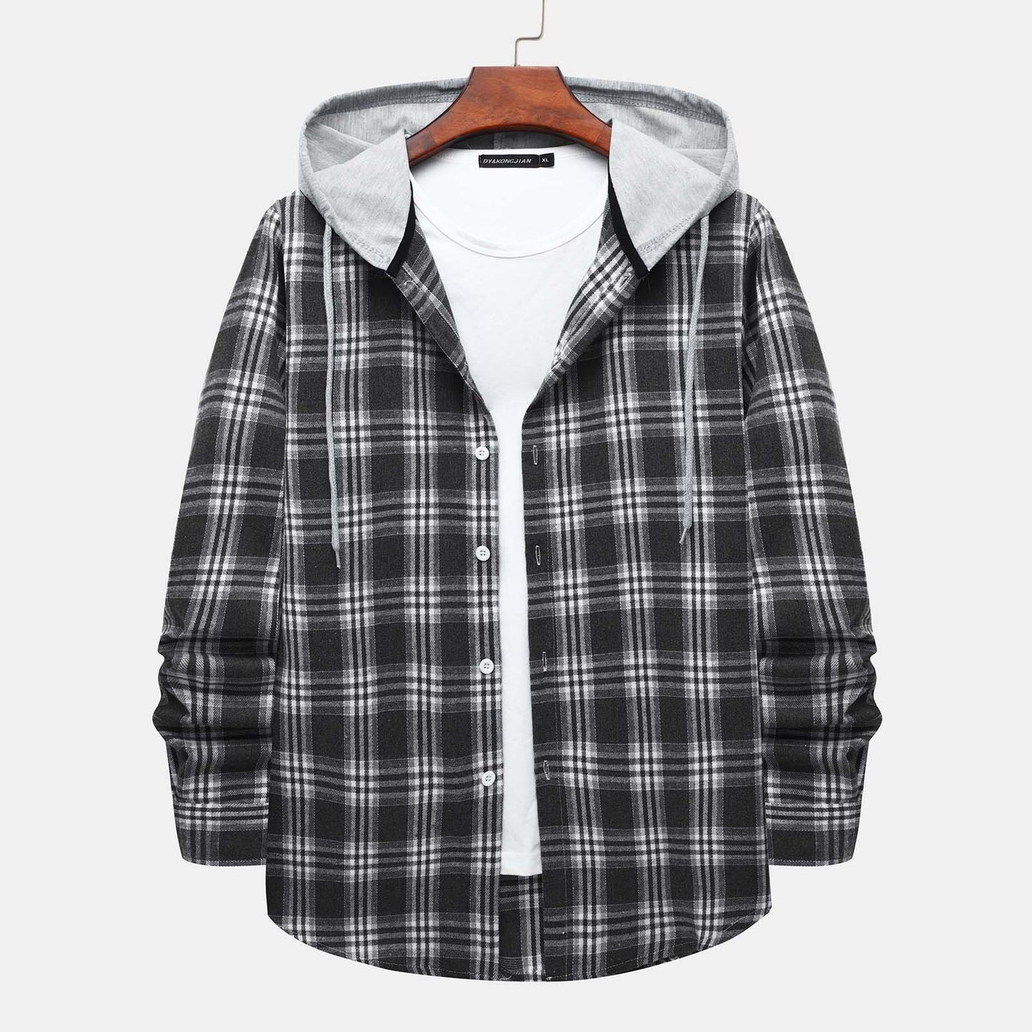 Stylish Men's Flannel Plaid Hooded Shirt - Casual Long Sleeve Button-Down Jacket in Gray#03 - Lightweight Comfort for Every Occasion - Size L