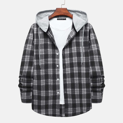 Stylish Men's Flannel Plaid Hooded Shirt - Casual Long Sleeve Button-Down Jacket in Gray#03 - Lightweight Comfort for Every Occasion - Size L