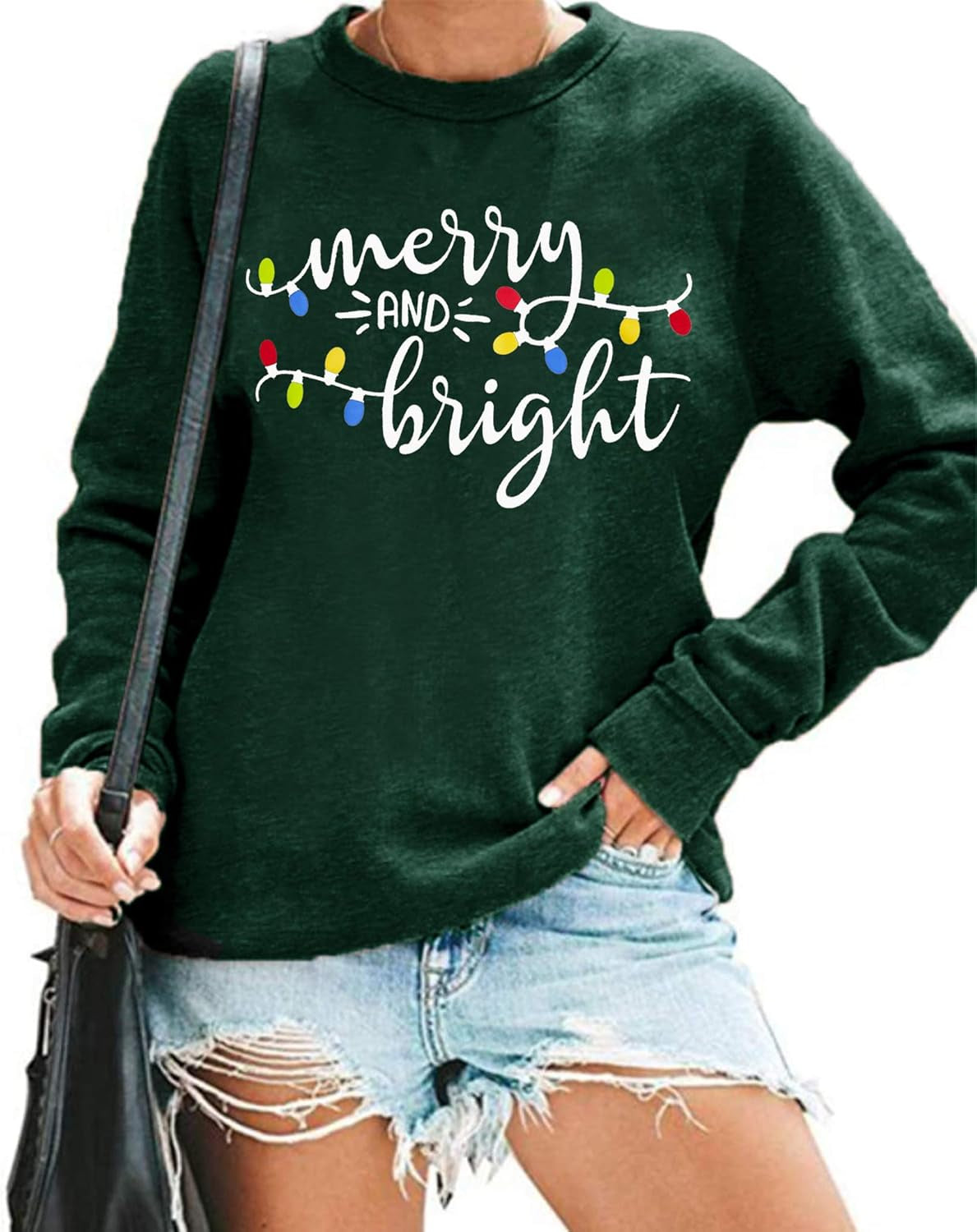 Christmas Sweatshirt Women Merry and Bright Christmas T-Shirt Funny Xmas Lights Blouse Tops Holiday Shirts