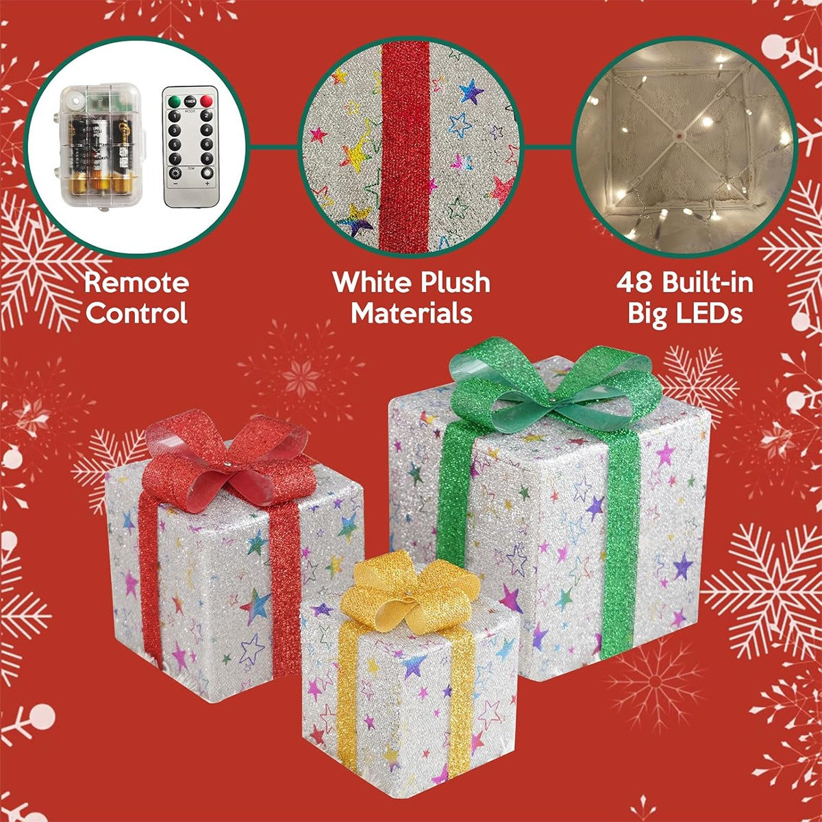Set of 3 Enchanting Christmas Lighted Gift Boxes - Pre-Lit 48 LED Holiday Decor for Indoor and Outdoor Festivities