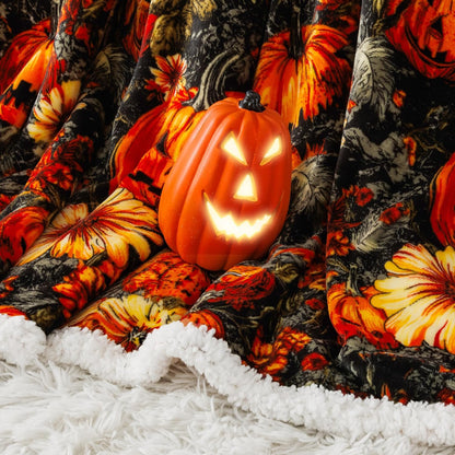 Cozy Halloween Sherpa Throw Blanket - Perfect for Fall Decor with Pumpkin and Leaf Design