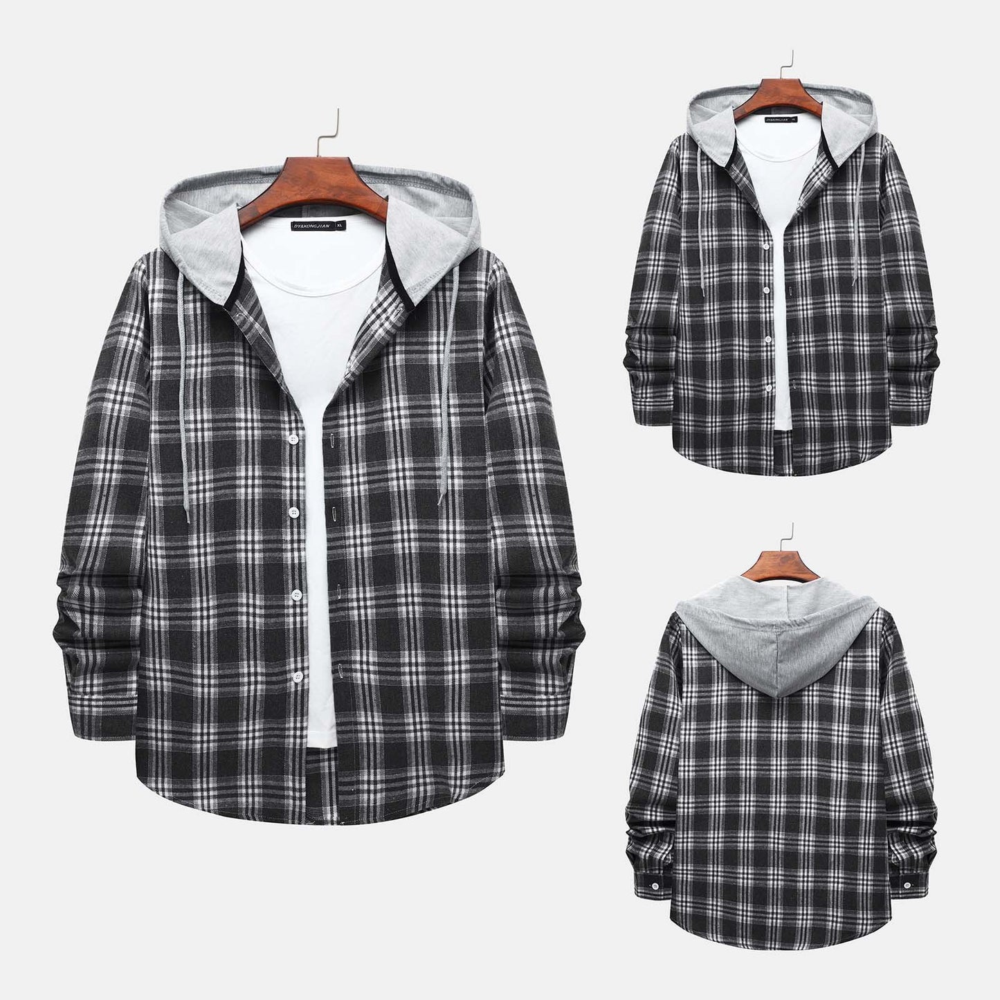 Stylish Men's Flannel Plaid Hooded Shirt - Casual Long Sleeve Button-Down Jacket in Gray#03 - Lightweight Comfort for Every Occasion - Size L