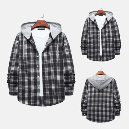 Stylish Men's Flannel Plaid Hooded Shirt - Casual Long Sleeve Button-Down Jacket in Gray#03 - Lightweight Comfort for Every Occasion - Size L