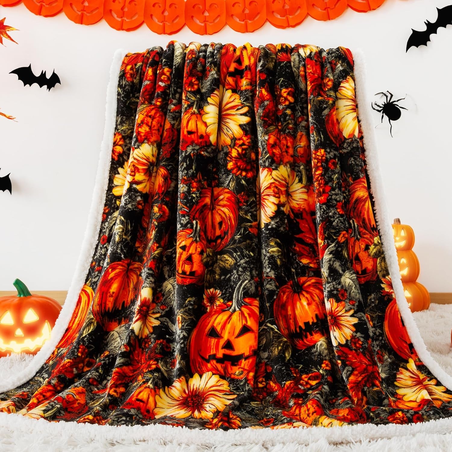 Cozy Halloween Sherpa Throw Blanket - Perfect for Fall Decor with Pumpkin and Leaf Design