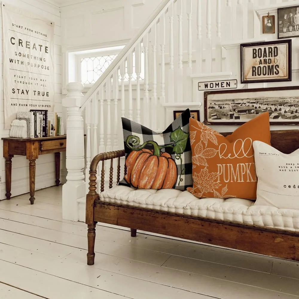 Charming Buffalo Plaid Pumpkin & Maple Leaves Fall Pillows - Perfect for Your Farmhouse Thanksgiving Decor!