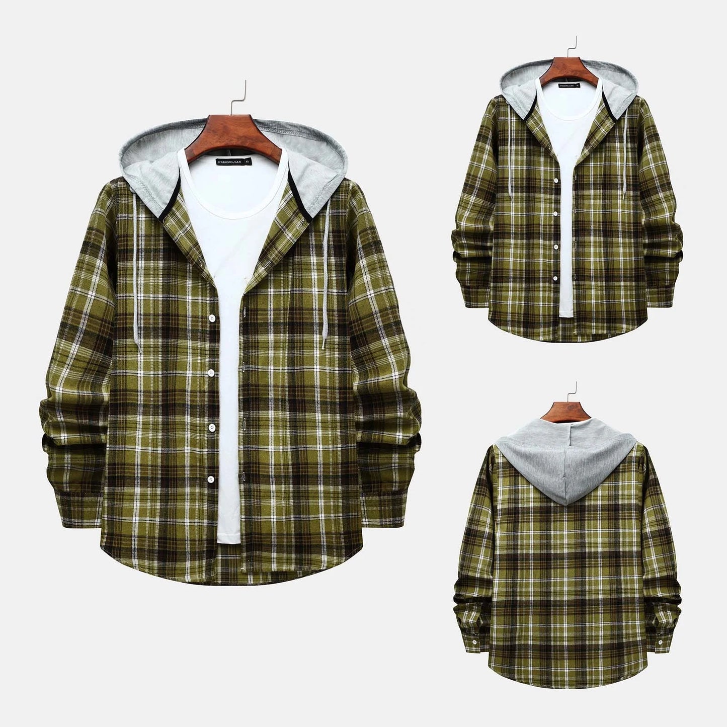 Men's Lightweight Hooded Flannel Plaid Shirt - Casual Long Sleeve Button Down in Stylish Green#01