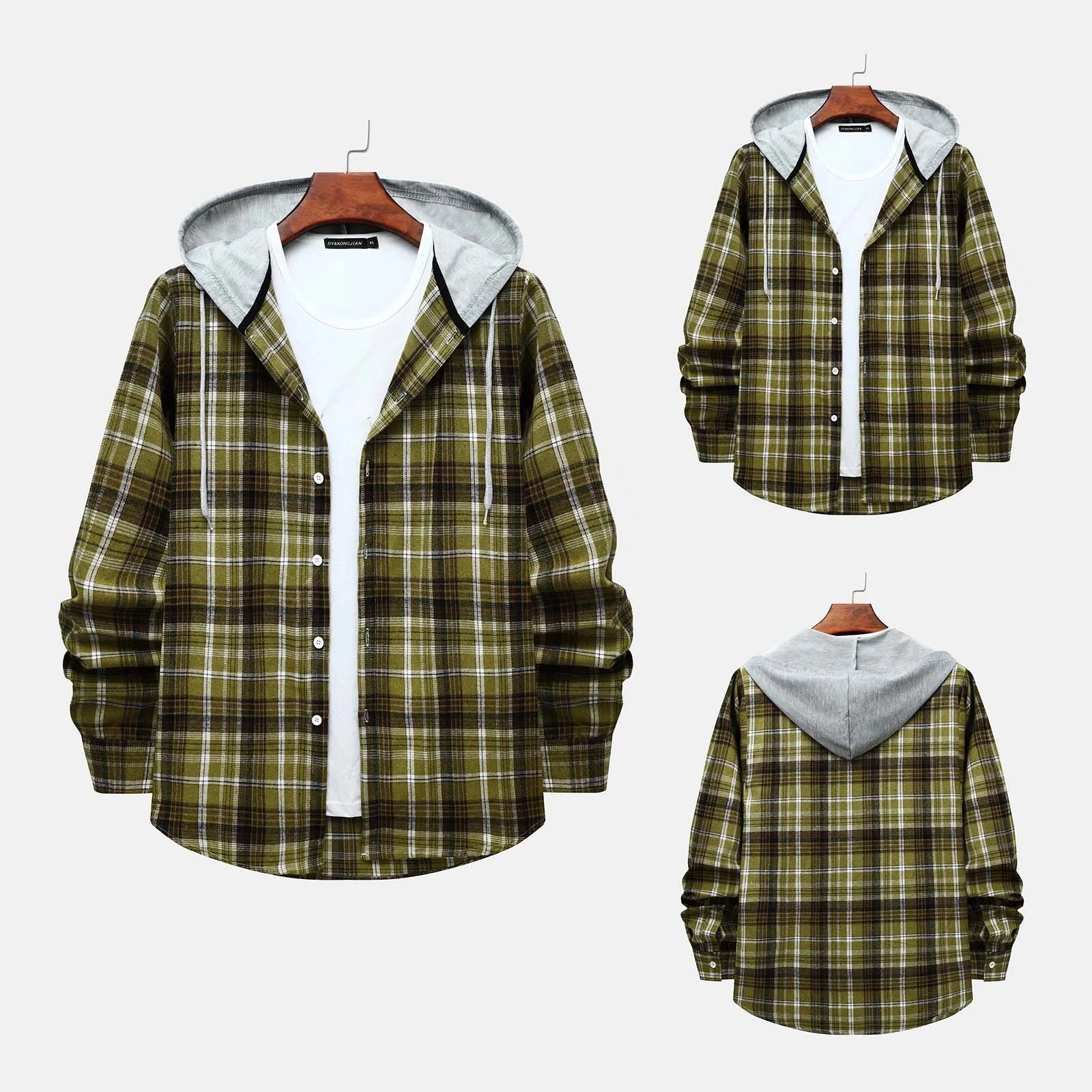 Men's Lightweight Hooded Flannel Plaid Shirt - Casual Long Sleeve Button Down in Stylish Green#01