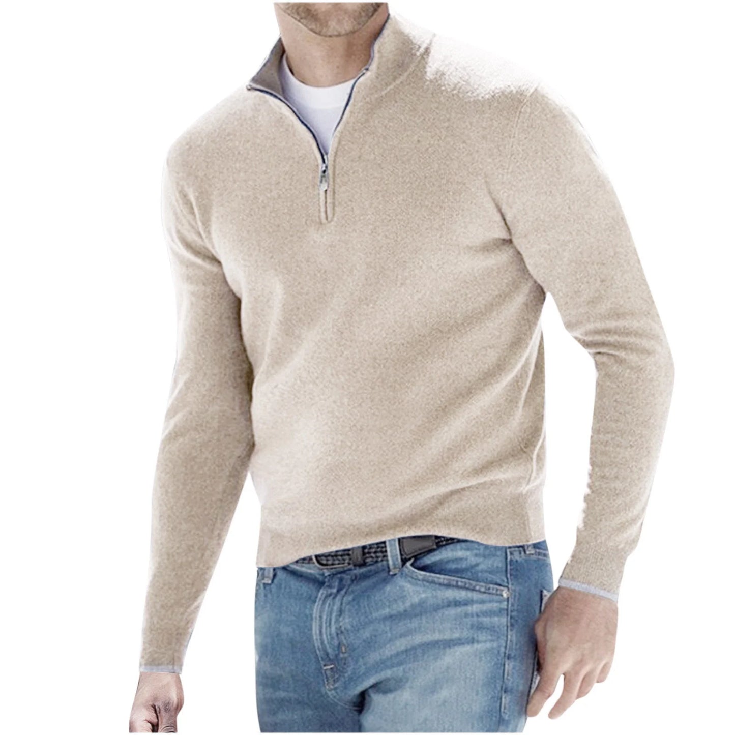 Elevate Your Winter Wardrobe with the Mens Slim Fit Quarter Zip Mock Neck Sweater in Khaki - Casual, Comfortable & Perfect for Every Occasion!