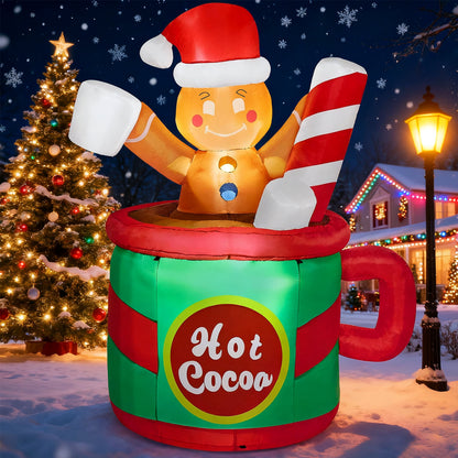 6 Ft Festive Gingerbread Man in a Hot Cocoa Mug - Illuminated Inflatable Christmas Decoration for Your Yard