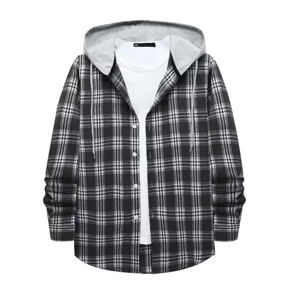 Stylish Men's Flannel Plaid Hooded Shirt - Casual Long Sleeve Button-Down Jacket in Gray#03 - Lightweight Comfort for Every Occasion - Size L
